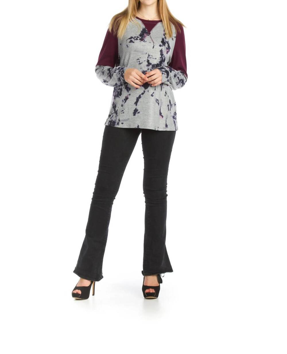 NEW PAPILLON stretchy floral sweater with panels in grey